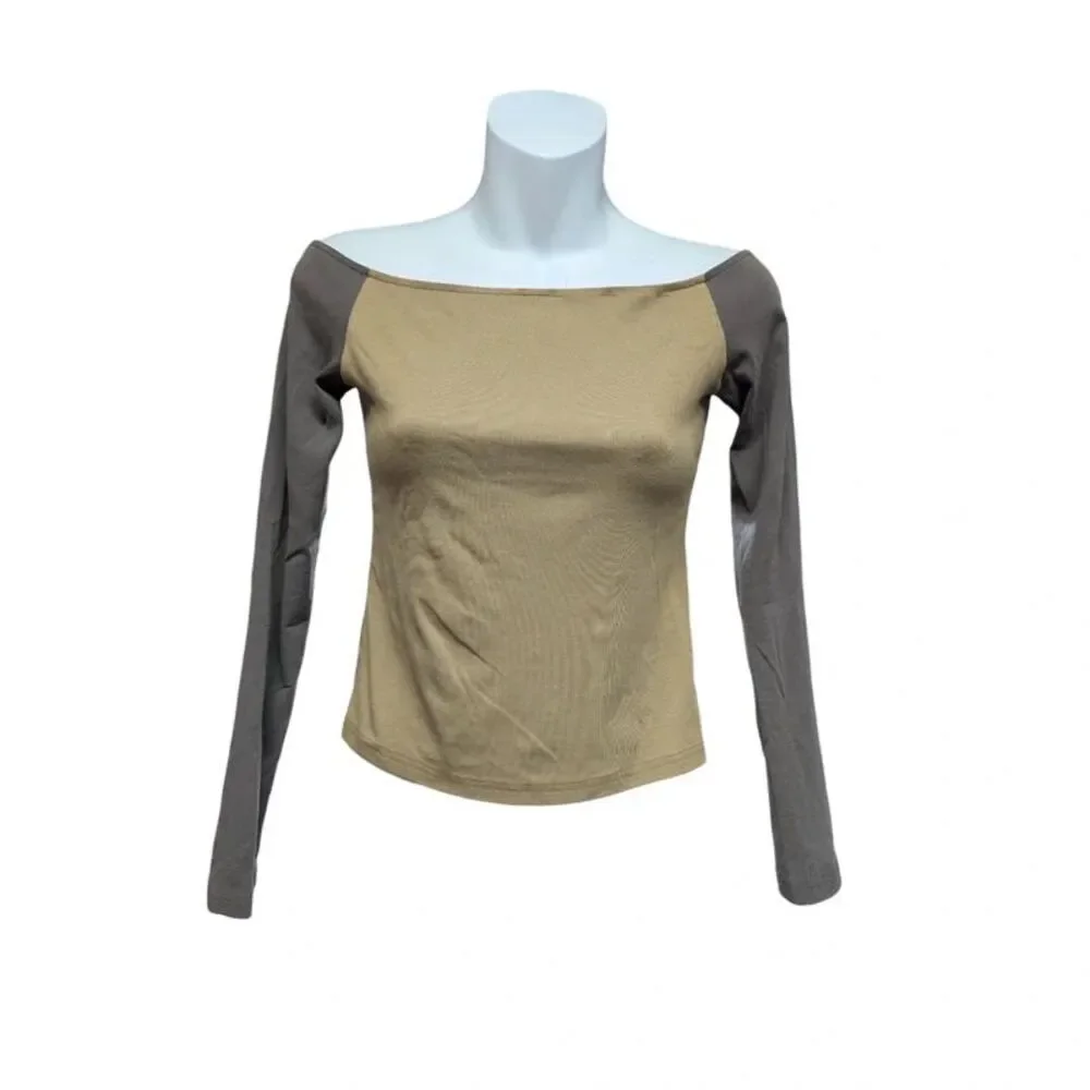 Edikted Boatneck Off Shoulder Long Sleeve Tee In Olive Green